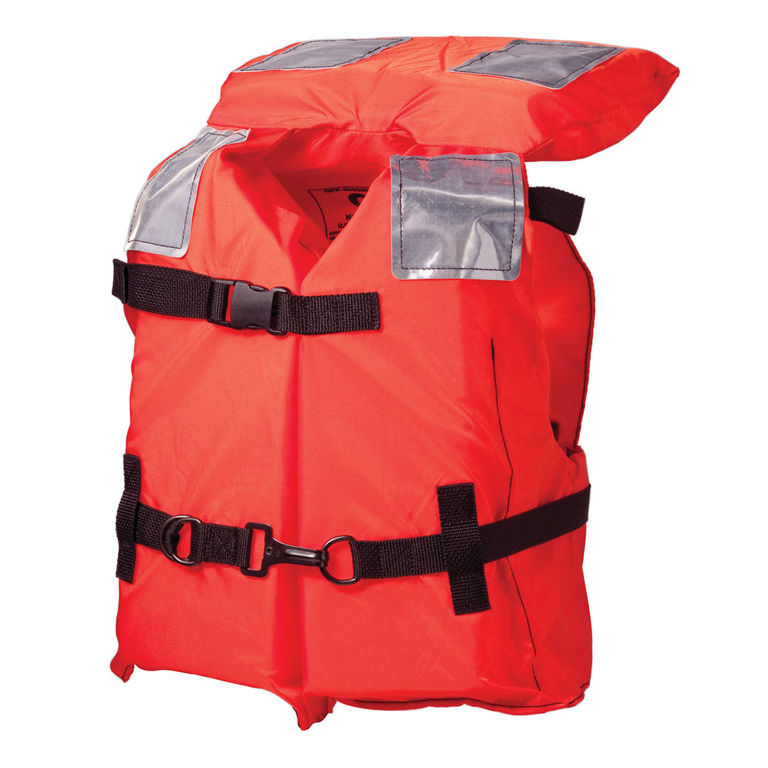 USCG approved Type I Child Life Jacket, black straps, SOLAS reflective patches.