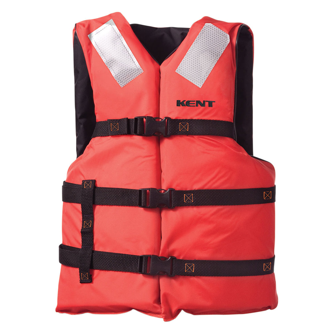 Universal Vest with flotation foam, SOLAS patches, and black straps.