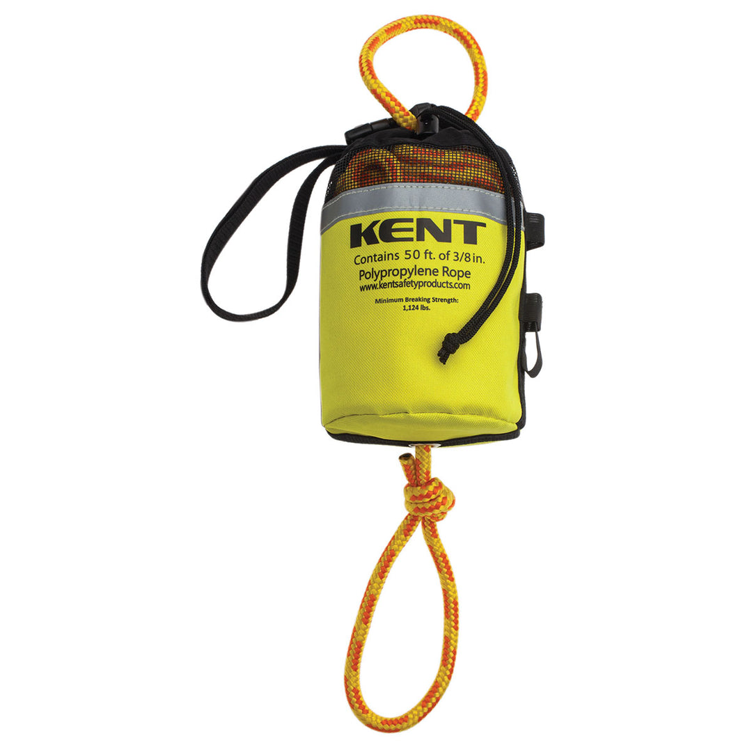 50 Rescue Throw Bag: Yellow with orange polypropylene rope & black handle.
