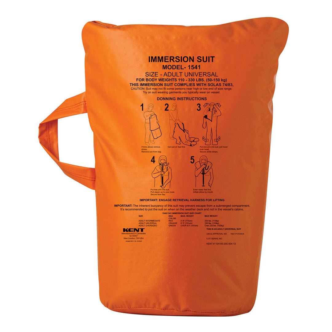 USCG/SOLAS/MED Immersion Suit Bag with black text and donning instructions.