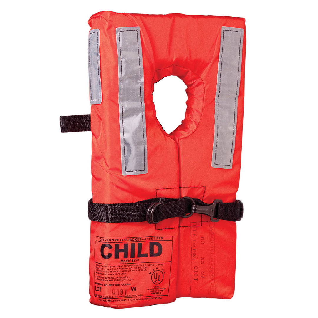 Approved Type I Child Collar Life Jacket, bright orange with reflective strips and adjustable straps.