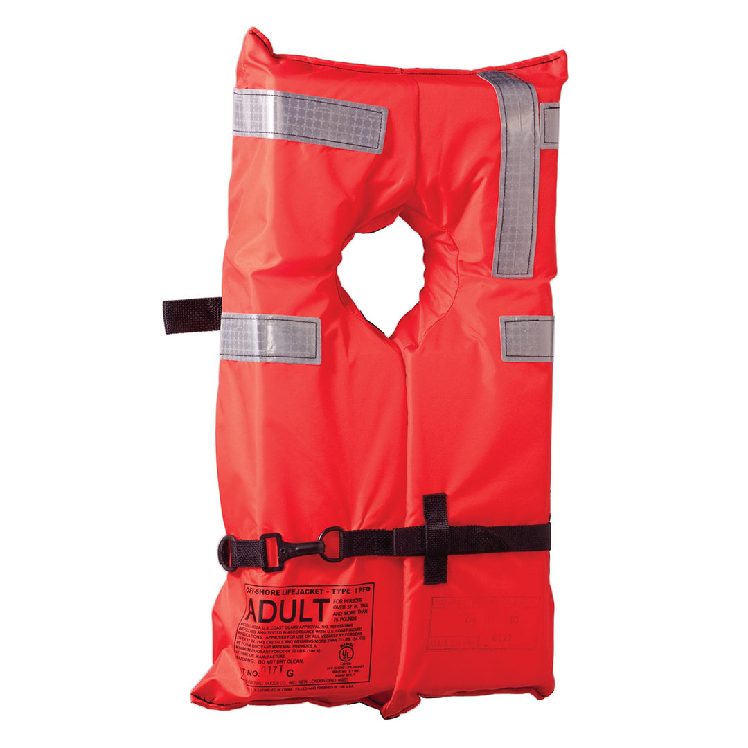 Coast Guard approved Type I Adult Life Jacket with SOLAS reflectors and black straps.