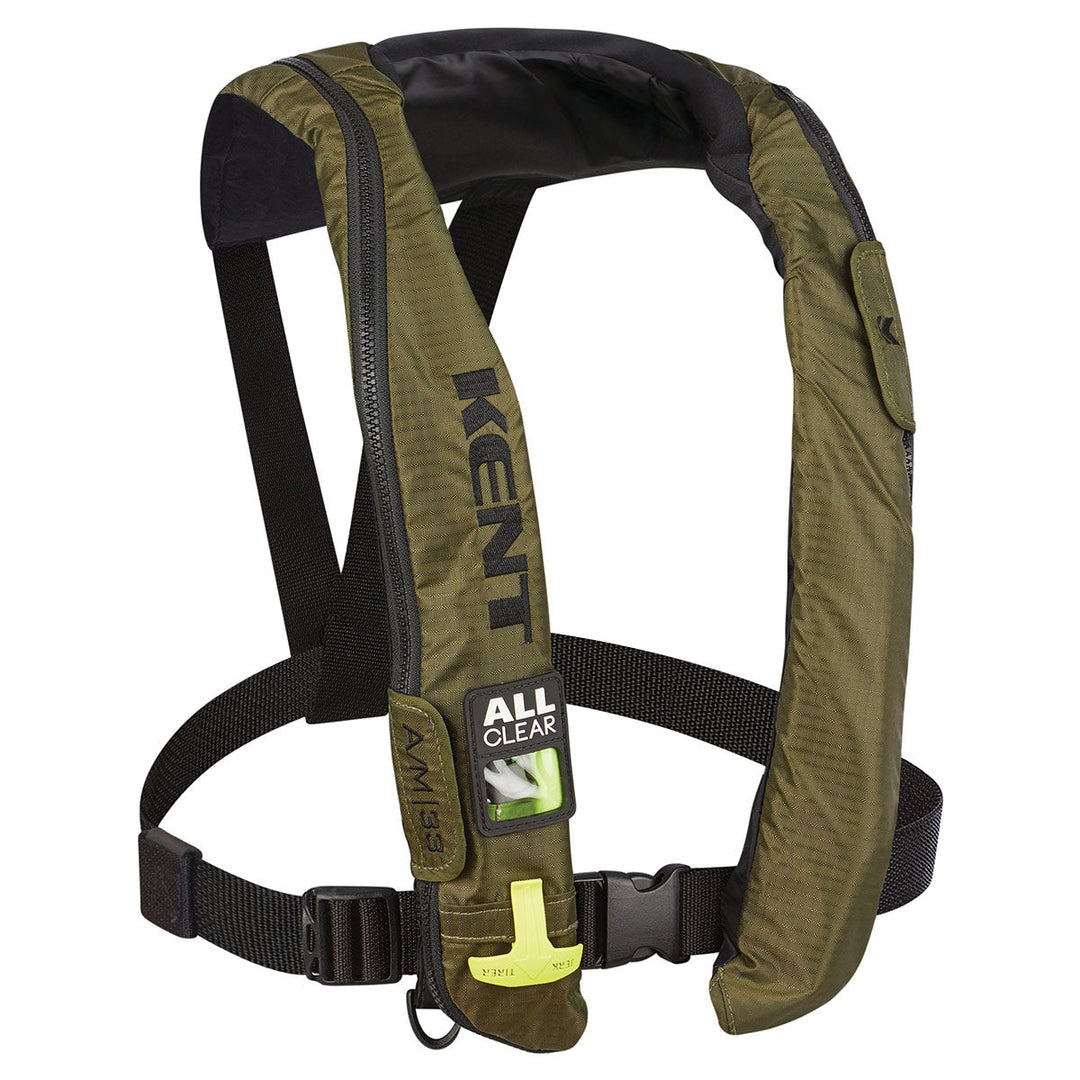 Green A/M-33 inflatable life jacket w/black straps, SOLAS reflectors, KENT on the side.