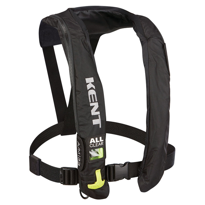 Black A/M-33 Automatic/Manual Life Jacket with All Clear and neon green pull tab.