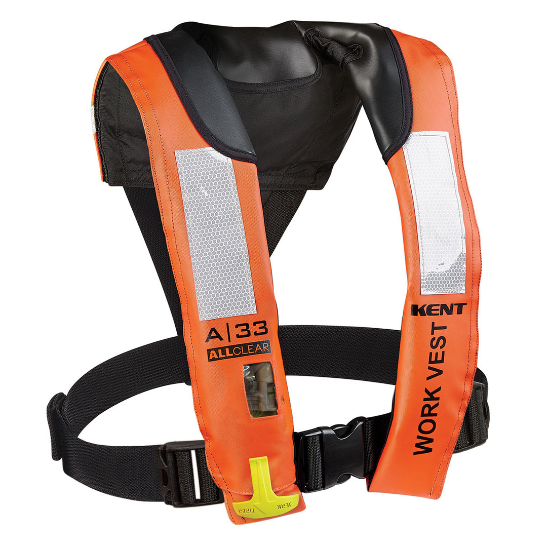 A-33 All Clear Auto Inflatable Vest: orange/black, hi-vis reflective strips, and belt.