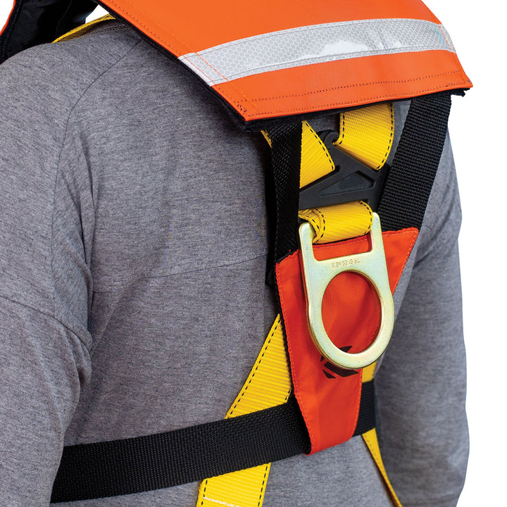 Person in A-33 All Clear Automatic Inflatable Work Vest with back metal ring.