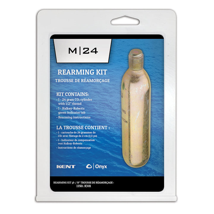 M-24 Rearming Kit: CO2 cylinder for life jackets with text in English & French.