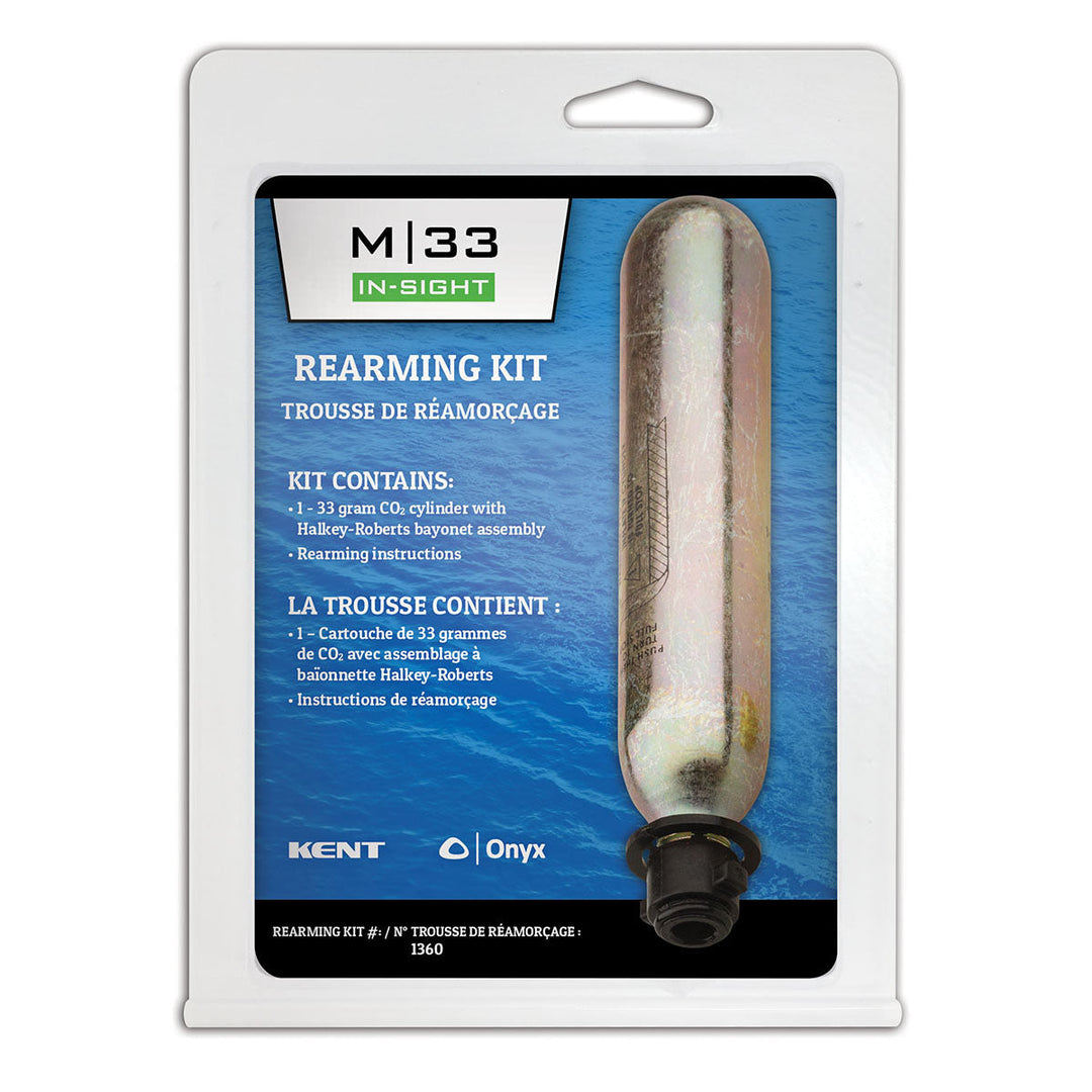 M-33 In-Sight Rearming Kit: CO2 cylinder & bilingual instructions for inflatable life jackets.