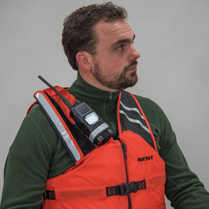 Man in a Kent Life Jacket featuring a Radio Pocket on the shoulder.