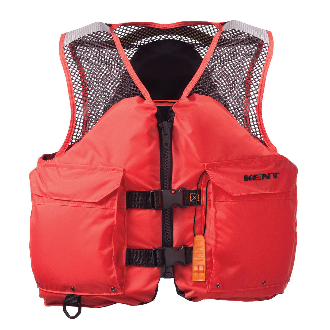 USCG approved Mesh Deluxe Vest with black buckles, mesh back, and attached whistle.