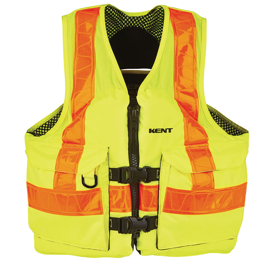 Hi-Vis Mesh Deluxe Vest in yellow with orange accents and black buckles.