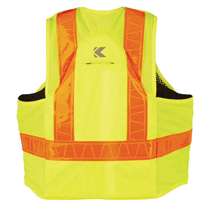 Hi-Vis Mesh Deluxe Vest (yellow) with orange stripes, back view shown.