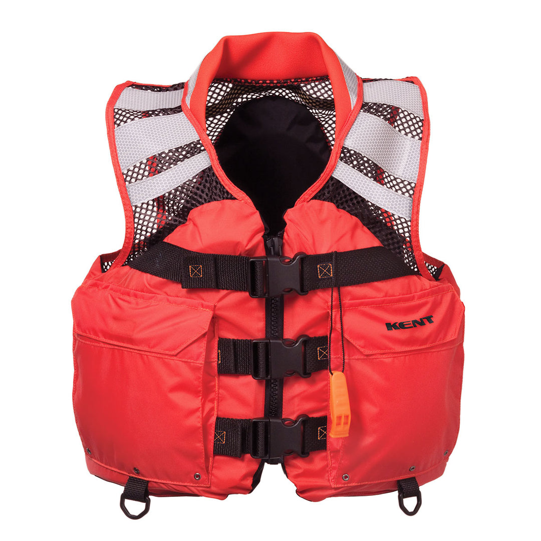 USCG red Mesh SAR Vest with black straps, buoyancy, and a whistle.