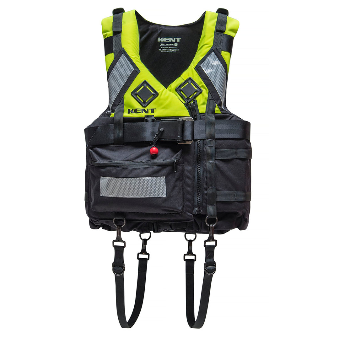 Swift Water Rescue Vest SWRV: Hi-Vis yellow/black, quick-release harness, multi-pocket.