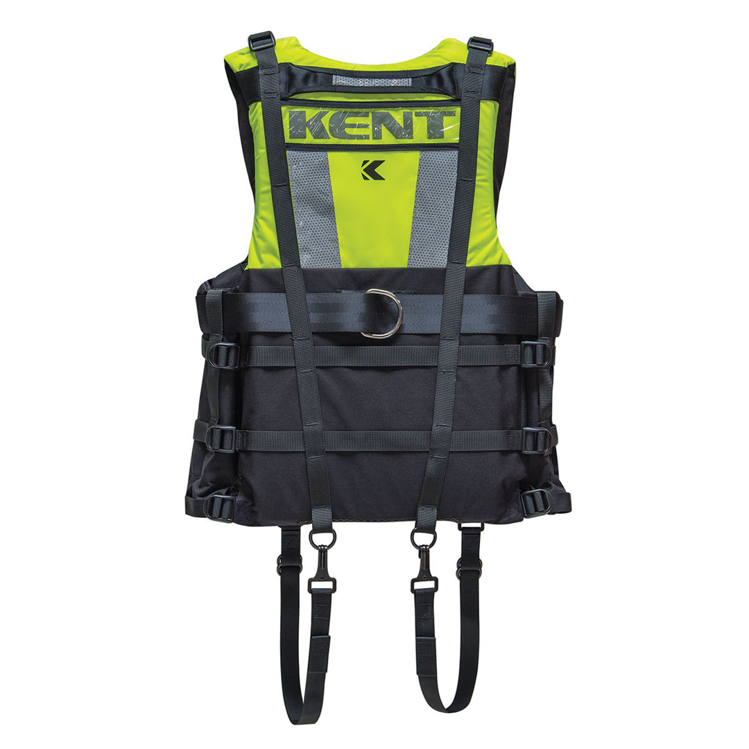 Hi-Vis yellow Swift Water Rescue Vest SWRV with straps, metallic ring, and rescue harness.
