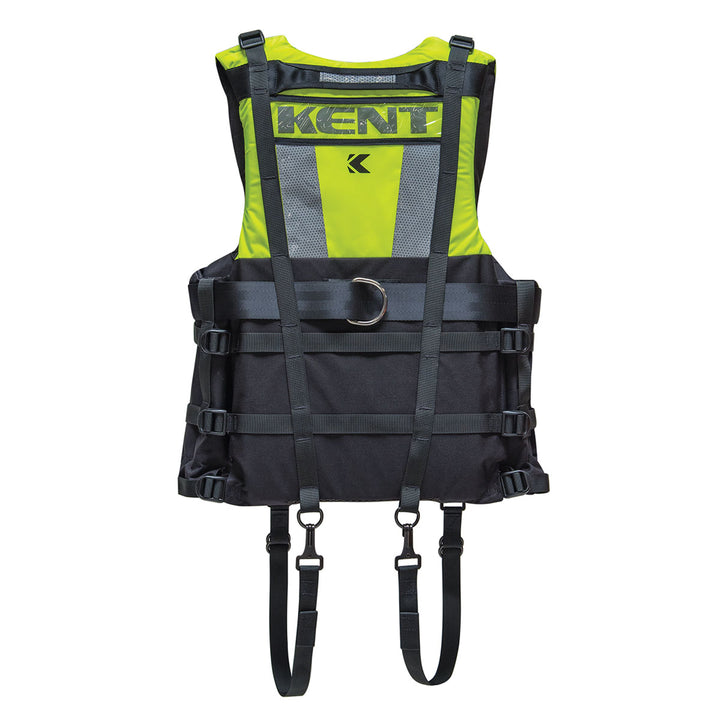 Hi-Vis yellow Swift Water Rescue Vest SWRV with straps, metallic ring, and rescue harness.
