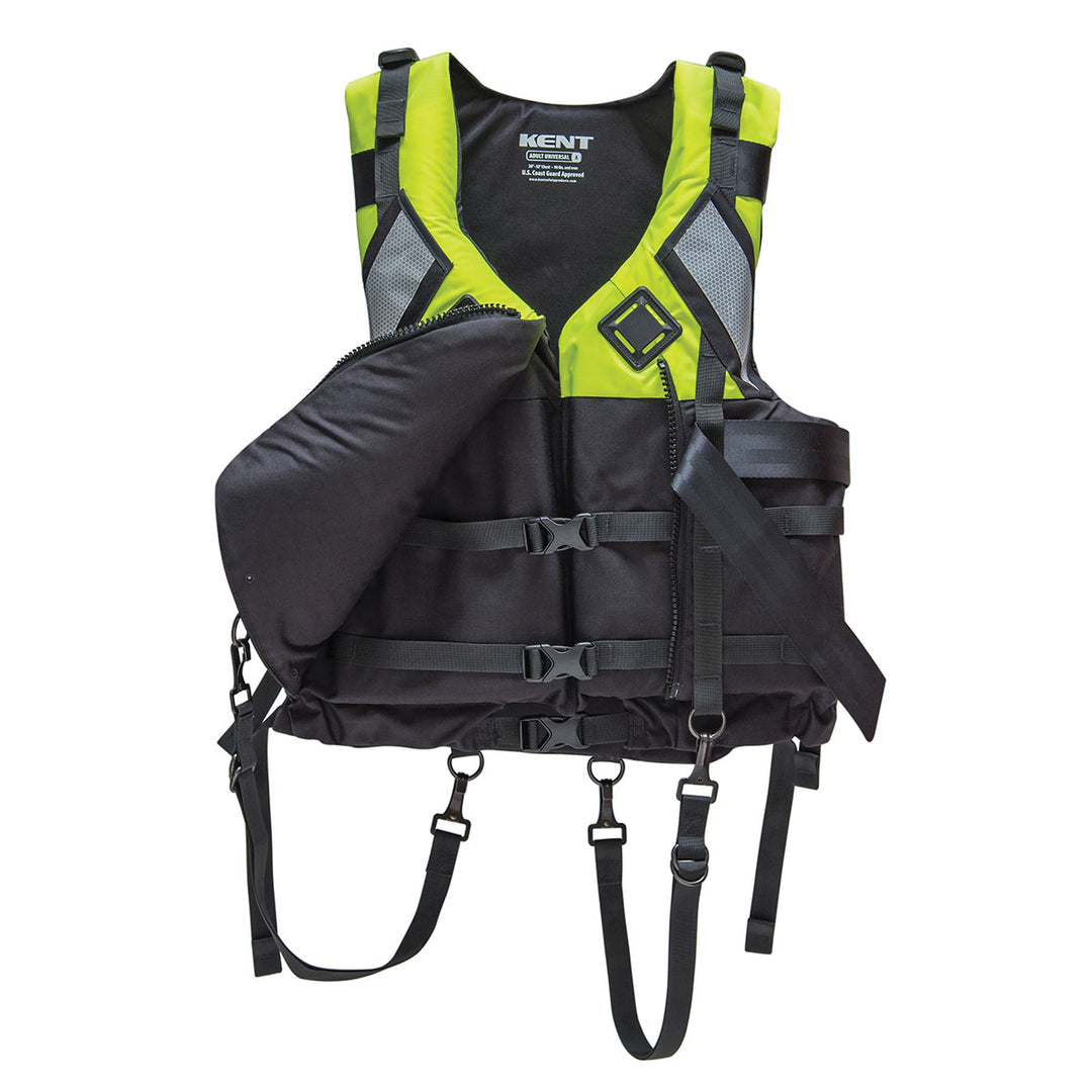 Hi-Vis yellow Swift Water Rescue Vest SWRV with black straps and a quick-release rescue harness.