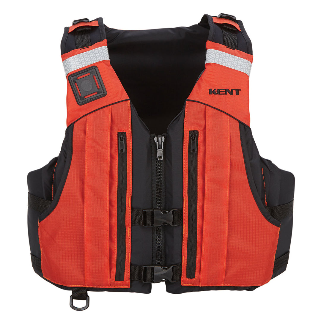 First Responder Vest: Orange/black with reflective strips, lightweight foam, and zippered front.