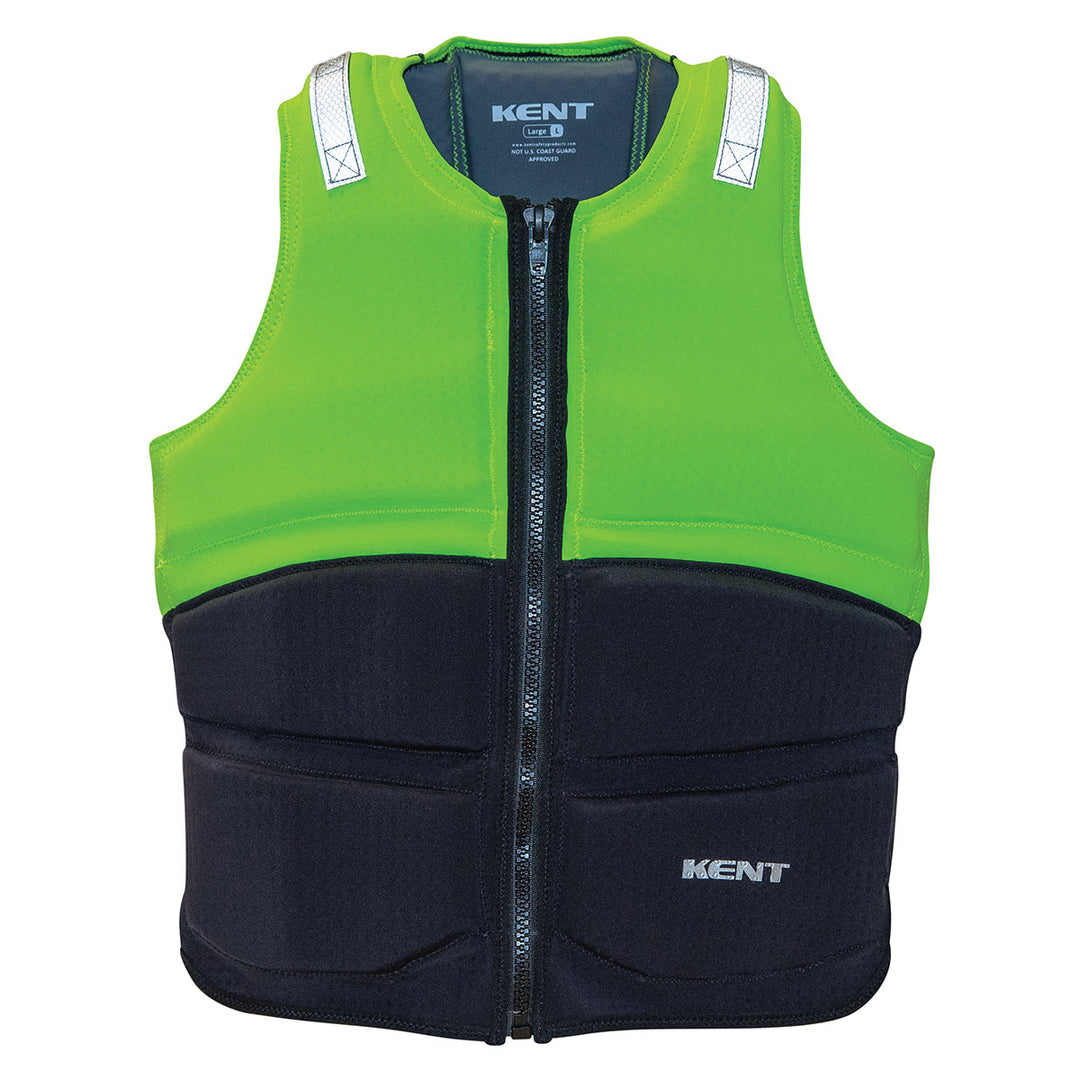 Rogue II Fishing Vest: Hi-Vis green with front zipper and SOLAS grade reflective shoulder straps.