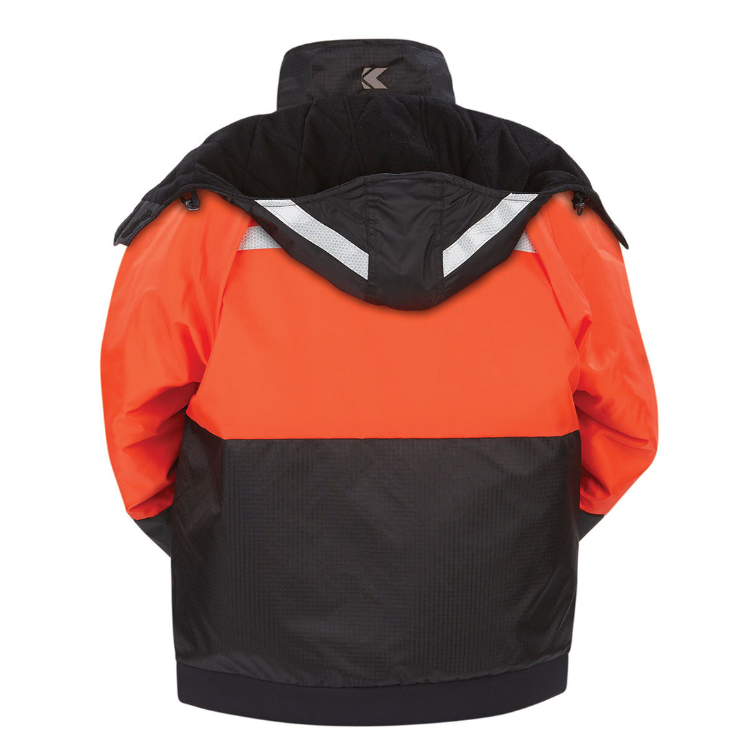 Deluxe Flotation Jacket: bright orange/black with SOLAS reflective stripe, rear view.