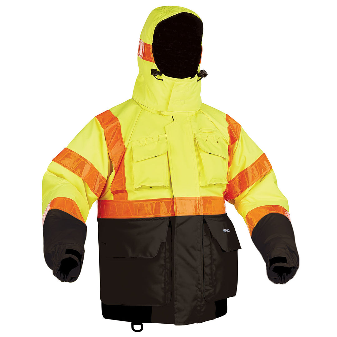 Hi-Vis Deluxe Flotation Jacket: Yellow with hood, black sleeves, and reflective tape.