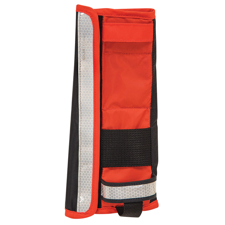 Red and black Radio Pocket with SOLAS reflective strips and a pocket.