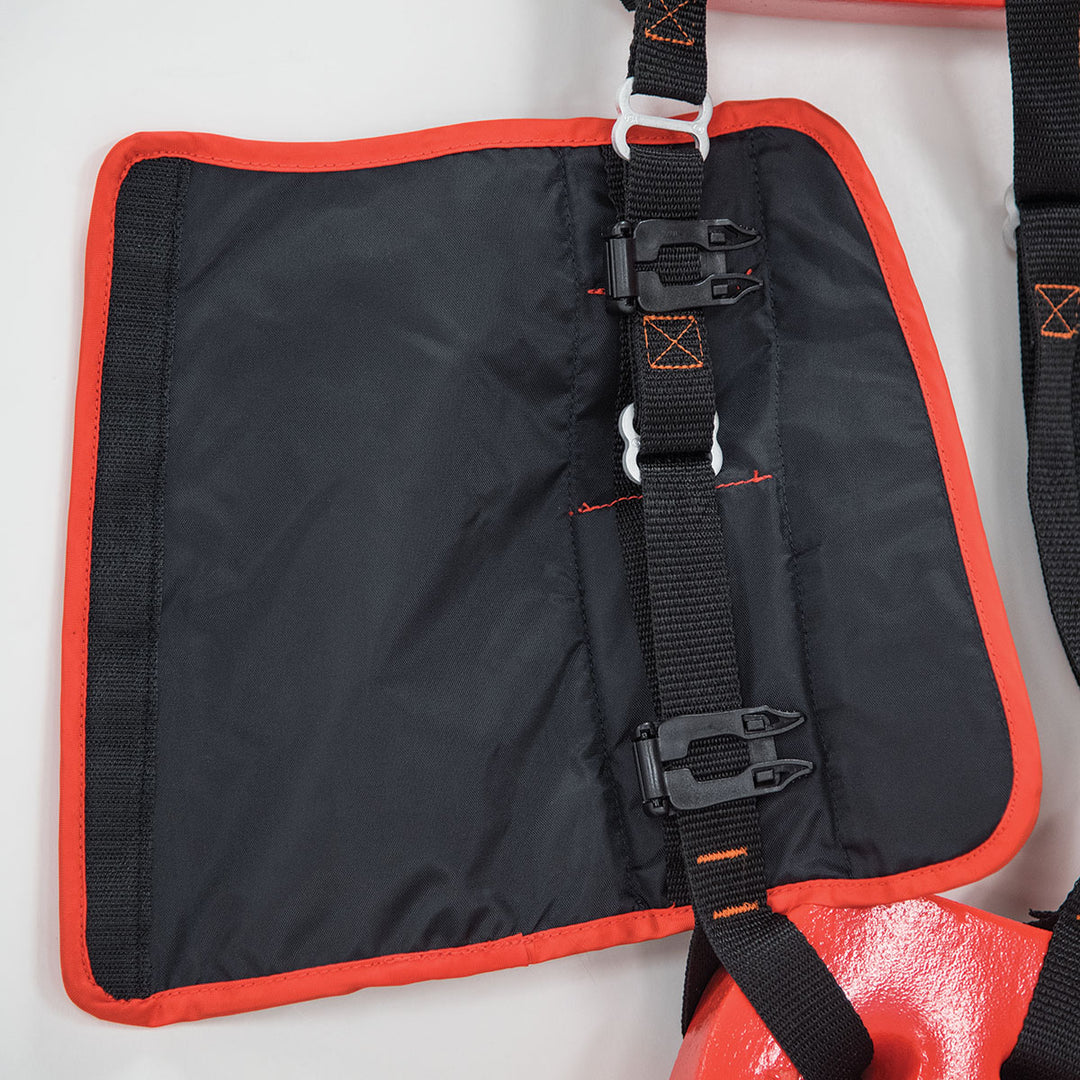 Red/black Radio Pocket saddle pad with reflective straps and adjustable buckles.