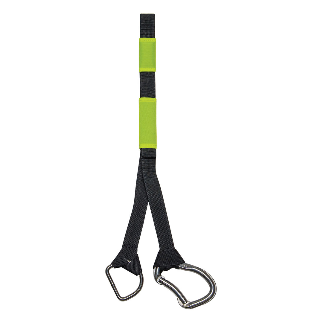 Black safety tether with heavy-duty carabiner and green protective sleeves.