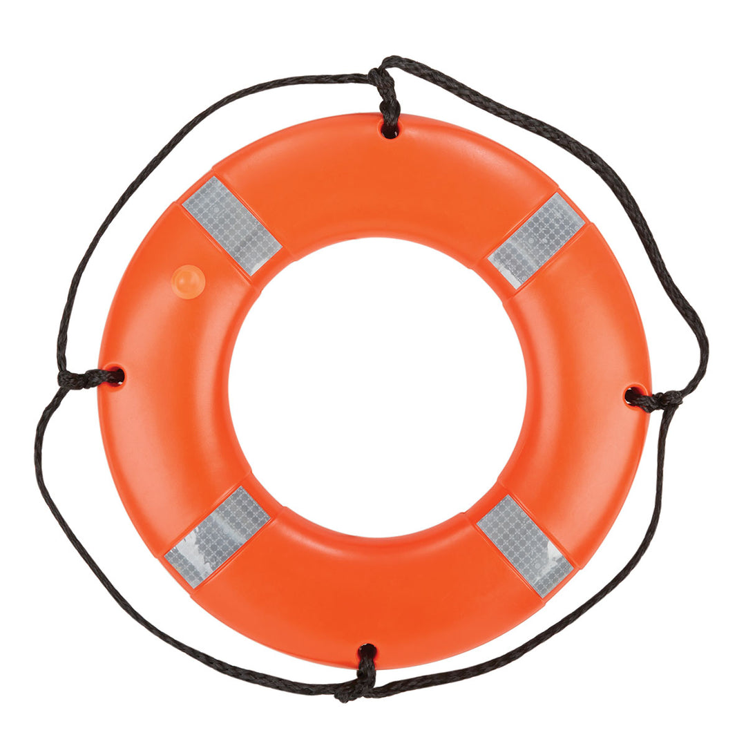 U.S. Coast Guard approved Ring Buoy - 24 with black rope and reflective tape.