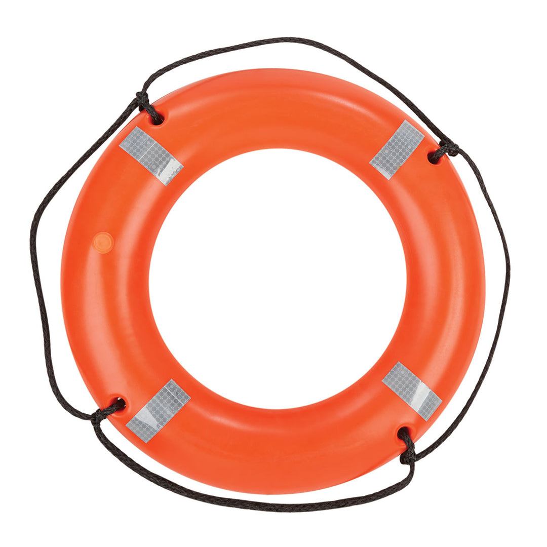 U.S. Coast Guard approved 30 Ring Buoy, orange with black rope and reflective tape, top view.
