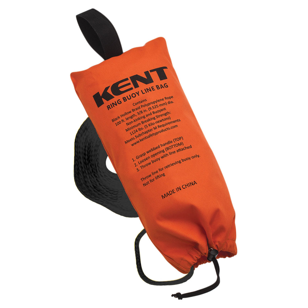 Ring Buoy Line Bag: orange, black text & strap handle, made of durable polyester.