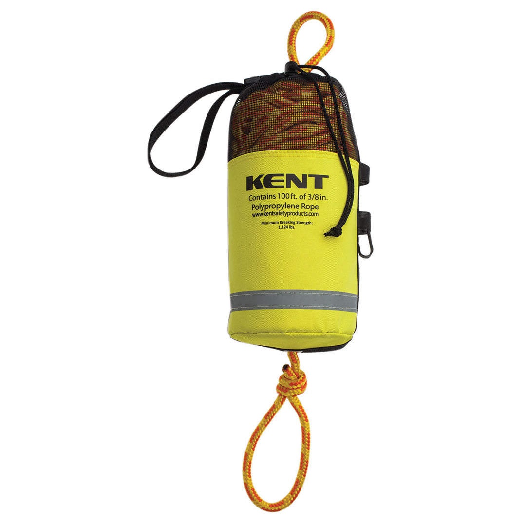 Rescue Throw Bag - 100 with yellow rope, black straps, reflective material.