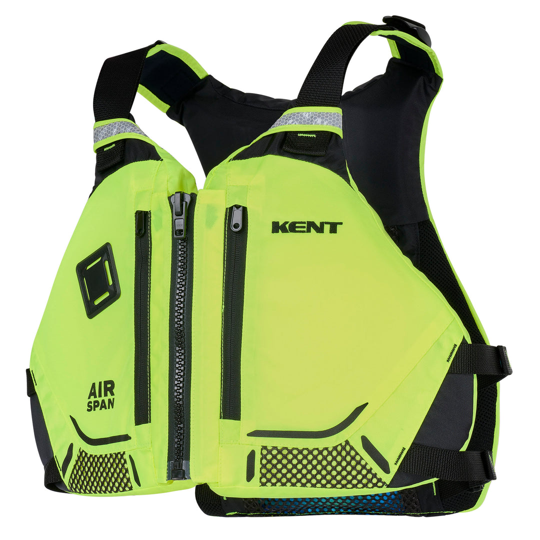 Front view of the Hi-Vis Air Span Vest in bright yellow-green with black straps, featuring reflective strips