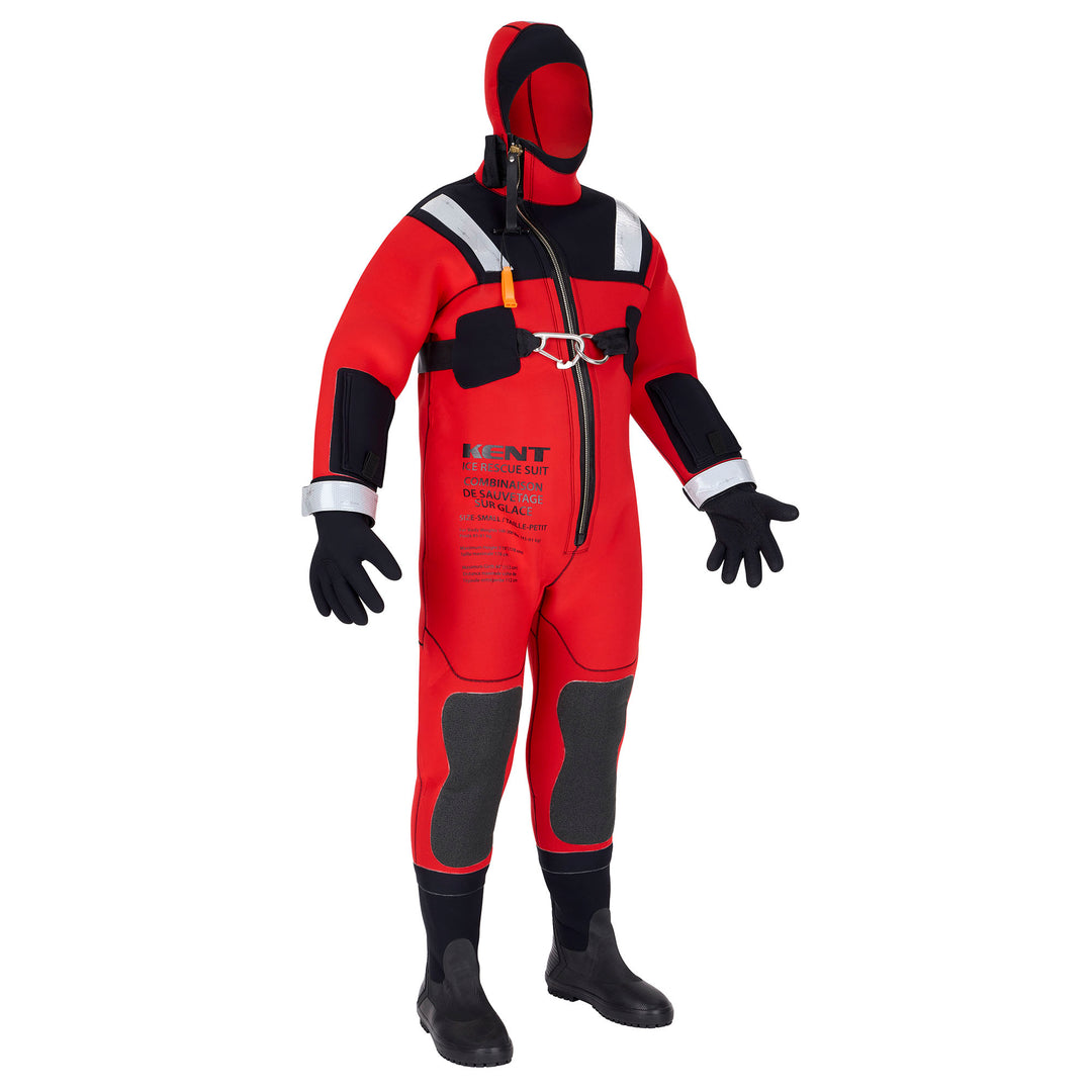 Front view of the Ice Rescue Suit in red and black with gloves, a hood, and reinforced areas.