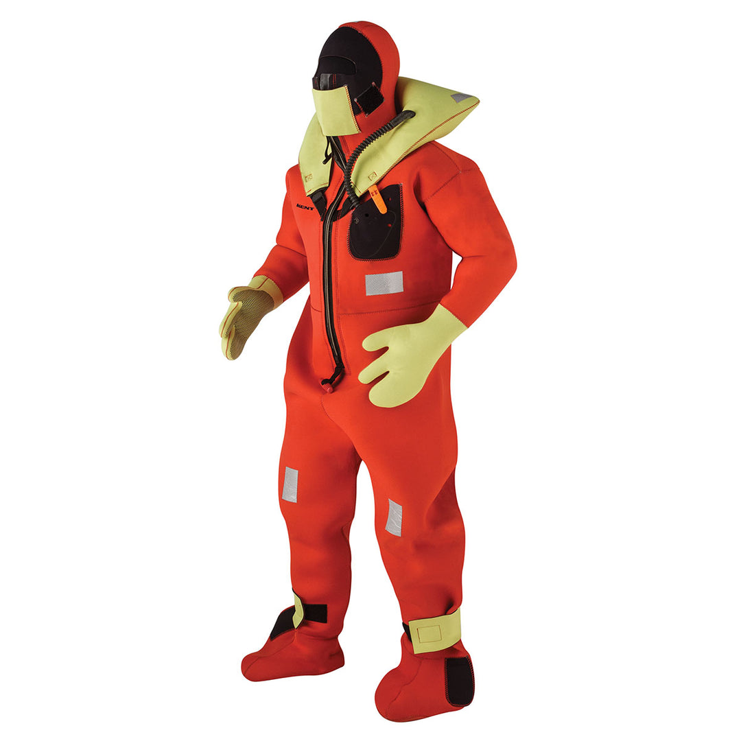 USCG Immersion Suit: Bright orange, SOLAS reflective material, includes hooded mannequin.