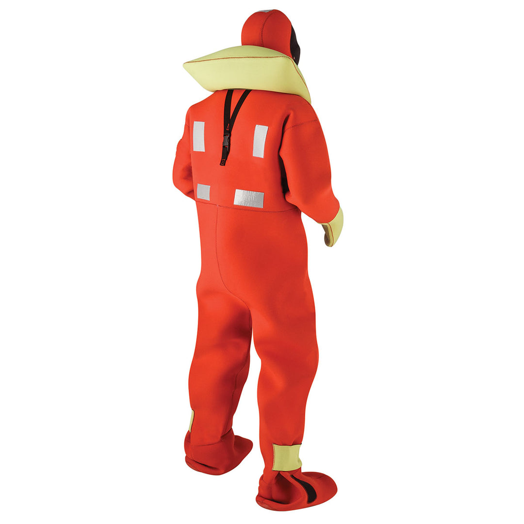 Person in a USCG Immersion Suit, SOLAS reflective material, facing away.