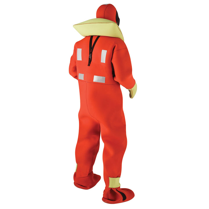 Person in a USCG Immersion Suit, SOLAS reflective material, facing away.