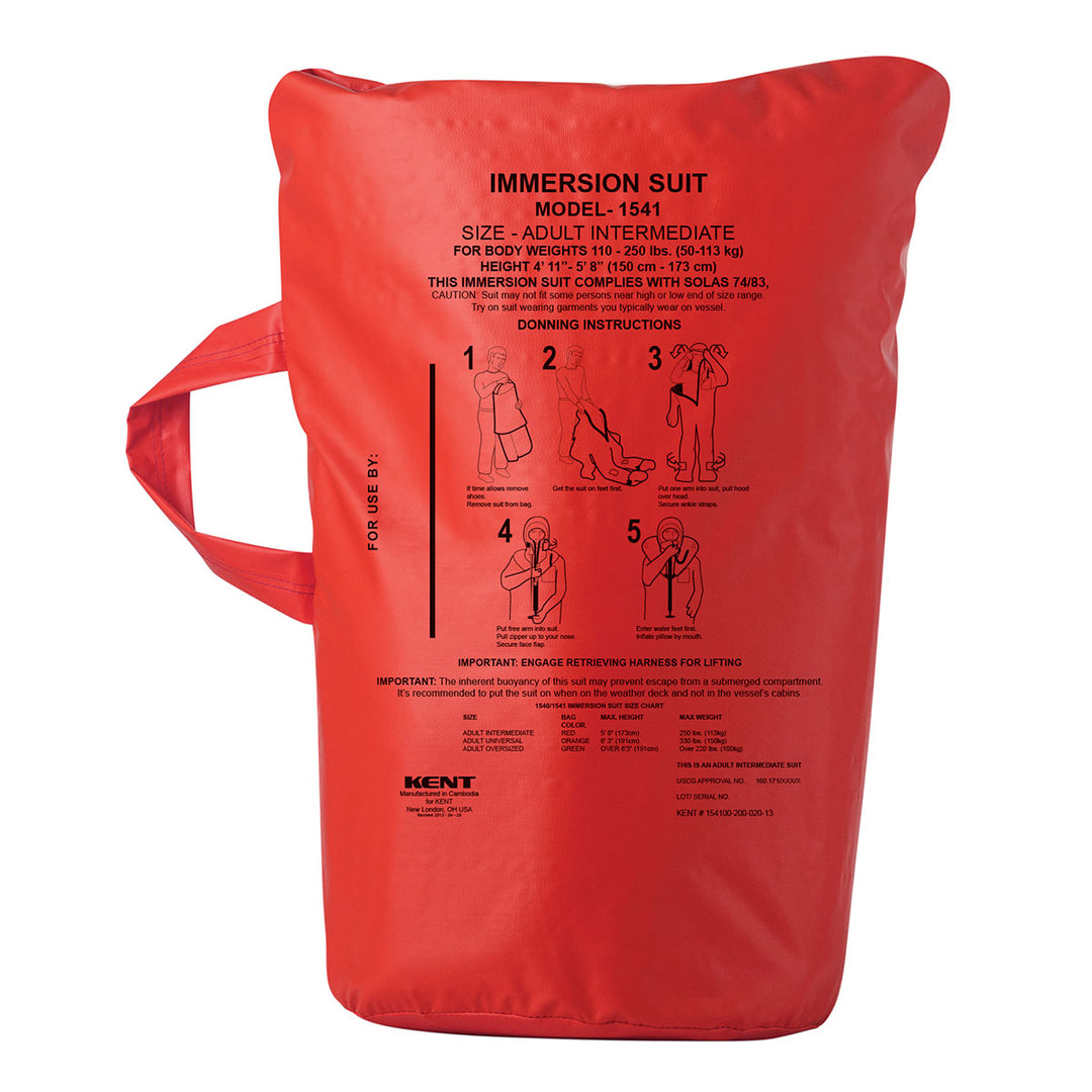 USCG Immersion Suit Bag in bright red with illustrated donning instructions.