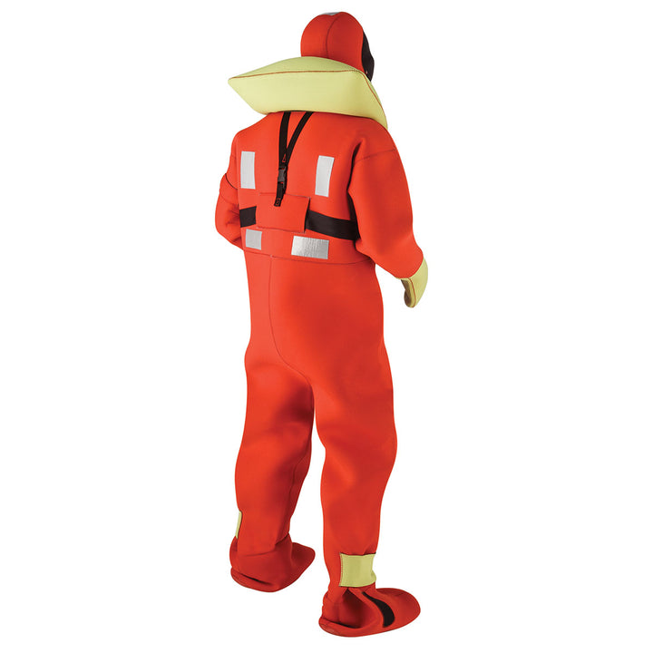 Person in USCG/SOLAS/MED Immersion Suit with hood and hi-vis patches, facing away.