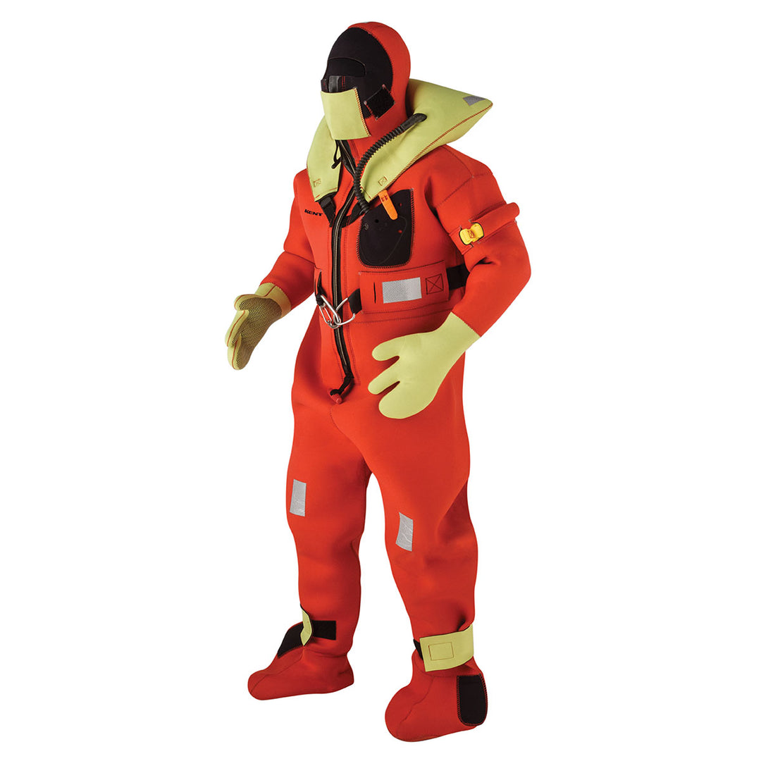 Person in USCG/SOLAS/MED Immersion Suit with Hi-Vis hood and neoprene pocket.