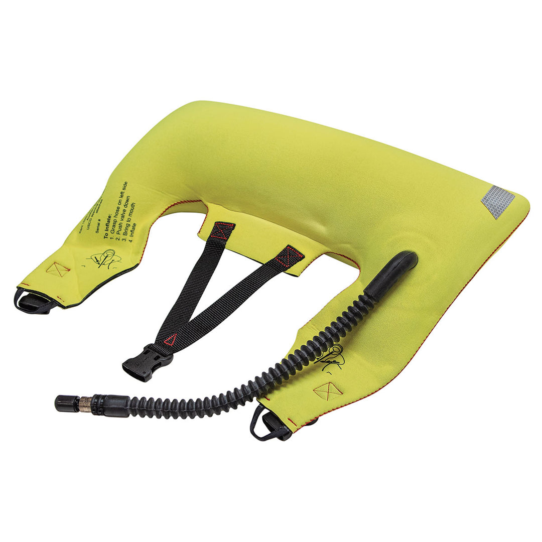 Hi-Vis yellow life jacket, black strap, and attached tube: Replacement Pillow for Immersion Suit.