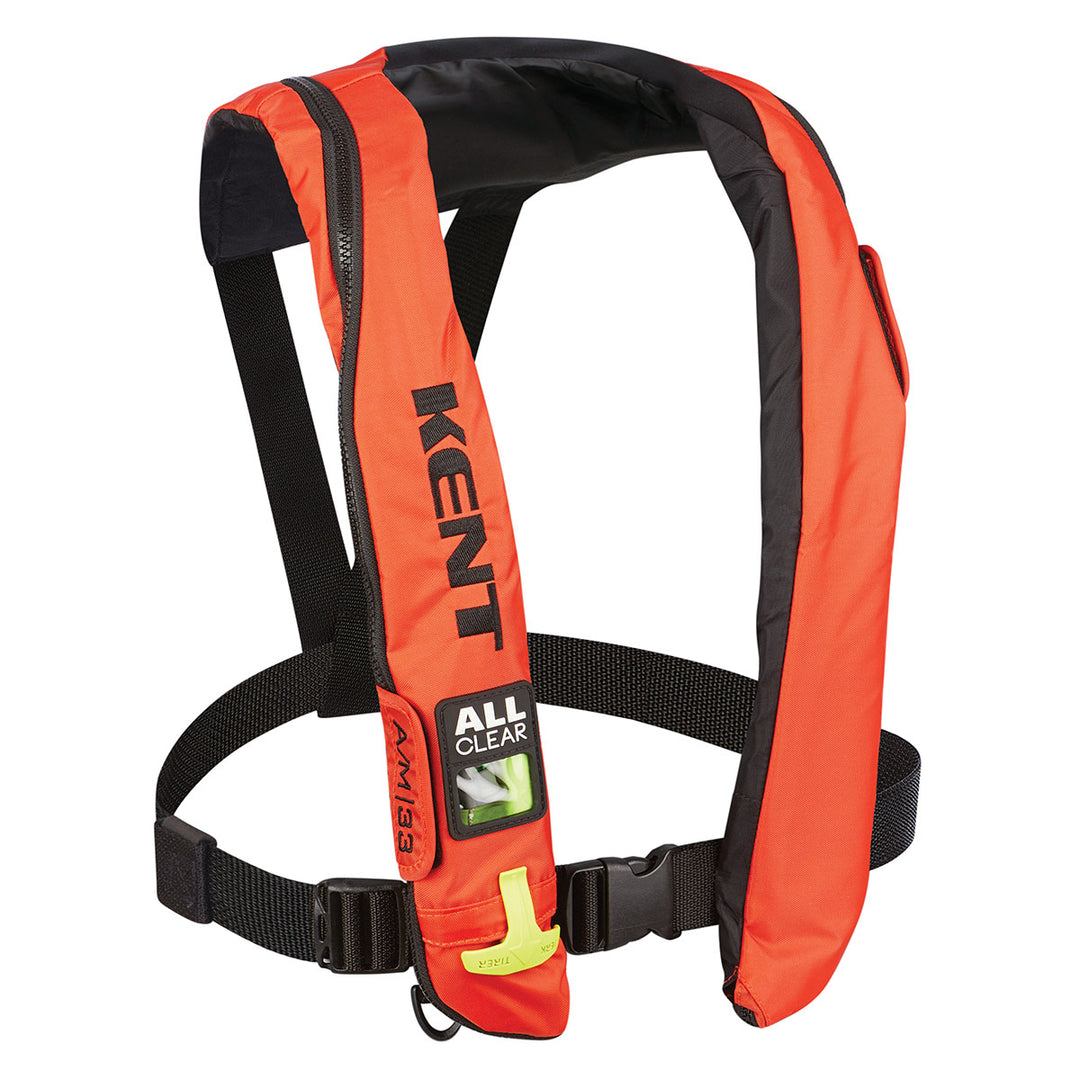 Orange inflatable life jacket with safety features, U.S. Coast Guard Approved.
